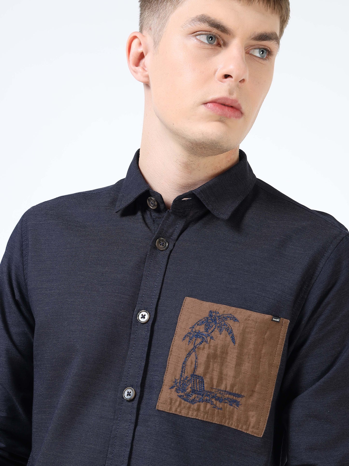 Men’s Navy Blue Cotton Casual Shirt with Contrast Brown Embroidered Pocket