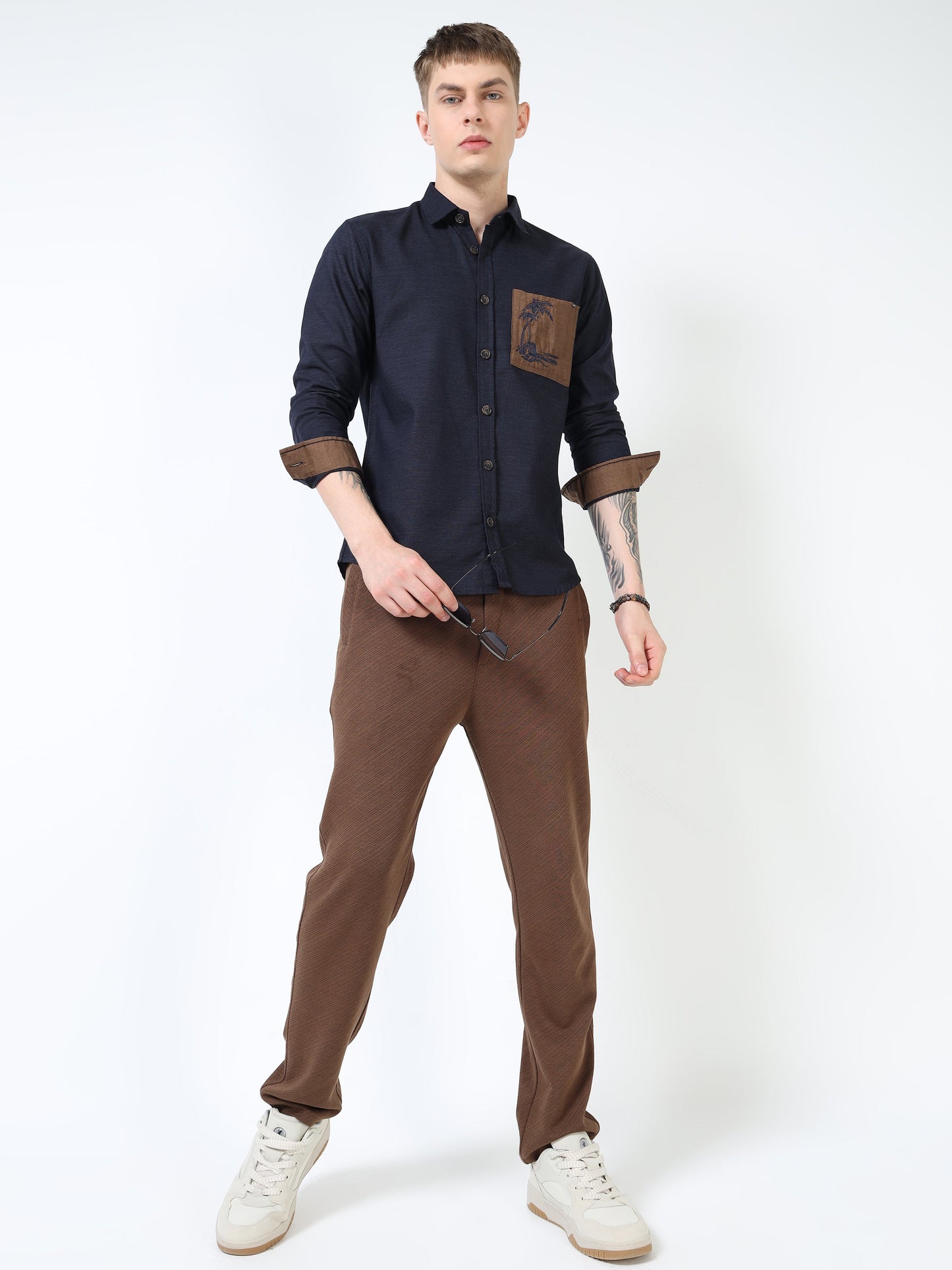 Men’s Navy Blue Cotton Casual Shirt with Contrast Brown Embroidered Pocket