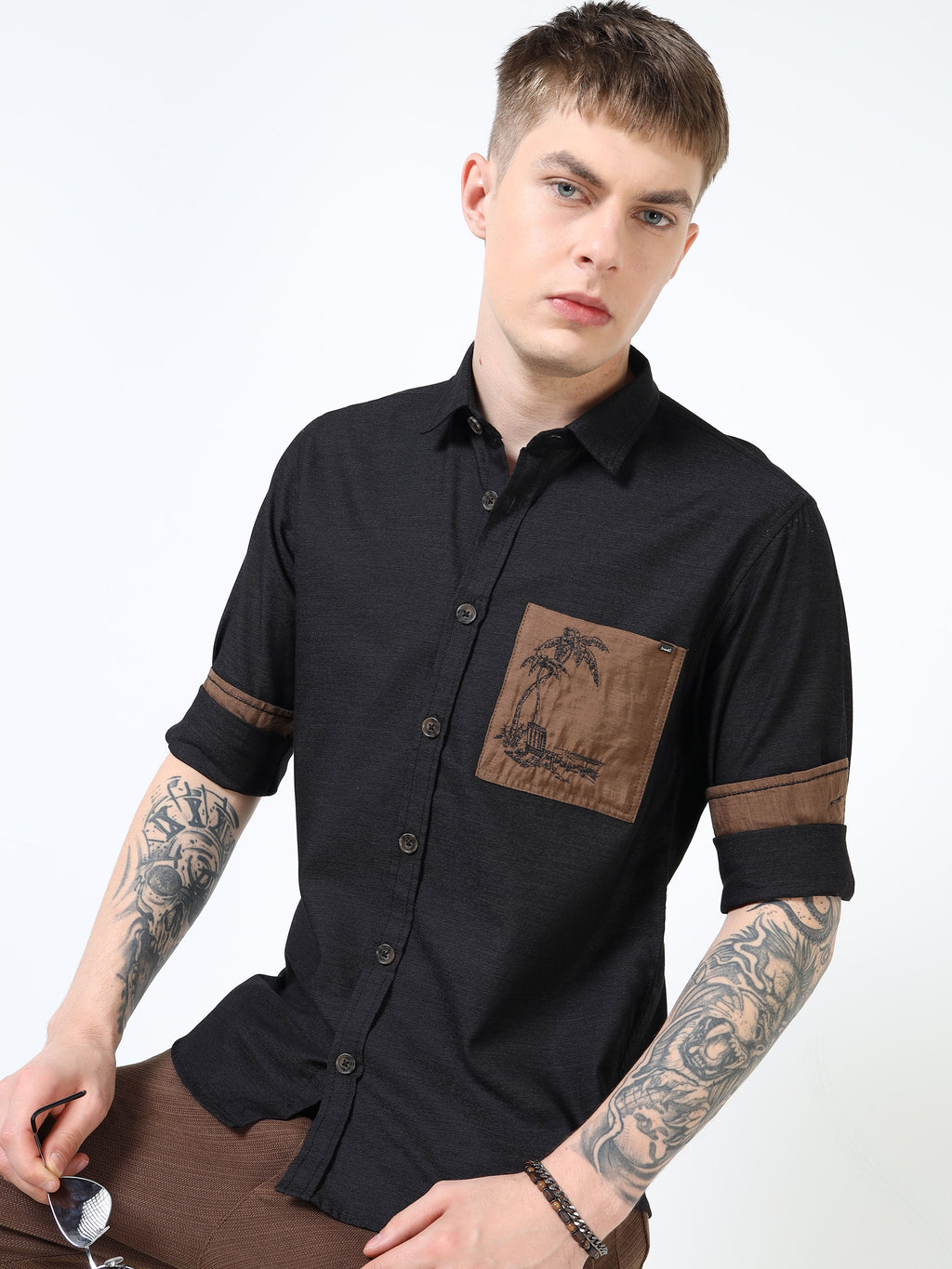 Men’s Black Cotton Casual Shirt with Contrast Brown Embroidered Pocket