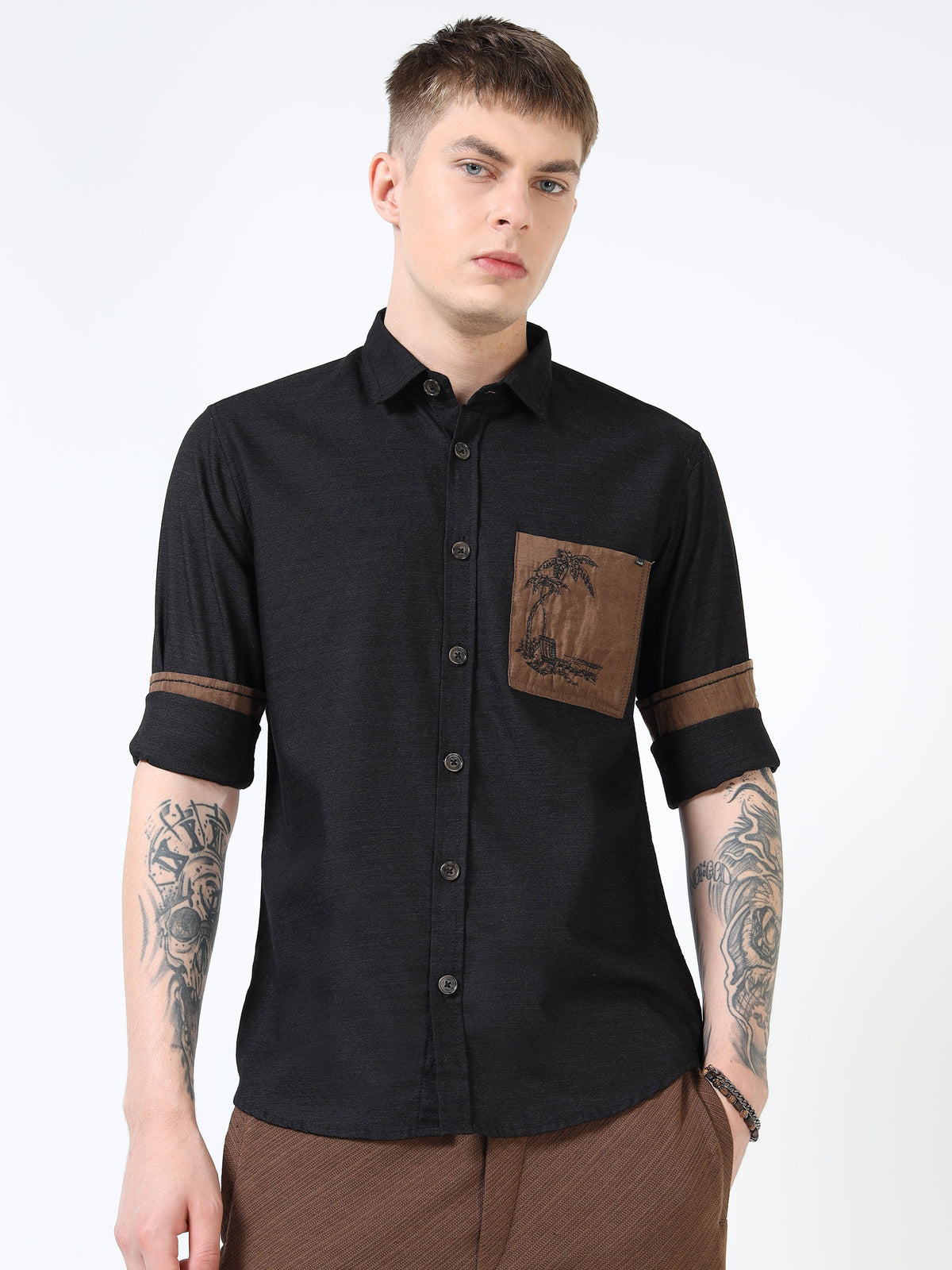 Men’s Black Cotton Casual Shirt with Contrast Brown Embroidered Pocket