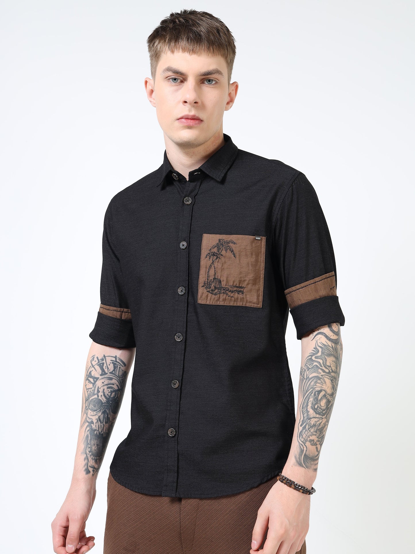 Men’s Black Cotton Casual Shirt with Contrast Brown Embroidered Pocket