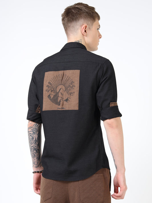 Men’s Black Cotton Casual Shirt with Contrast Brown Embroidered Pocket