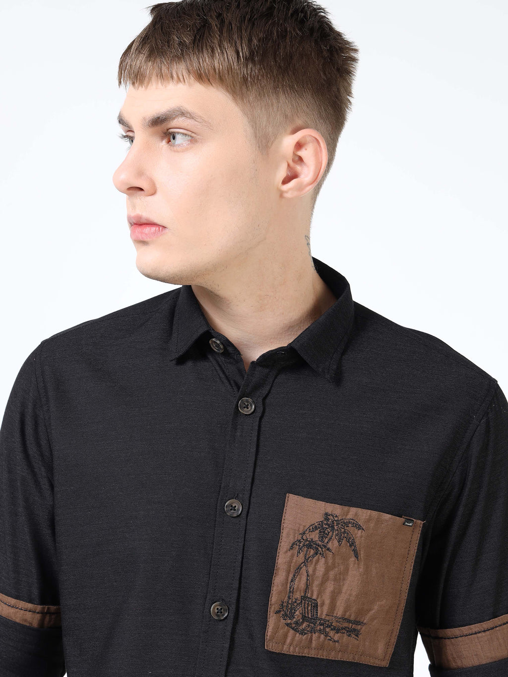 Men’s Black Cotton Casual Shirt with Contrast Brown Embroidered Pocket