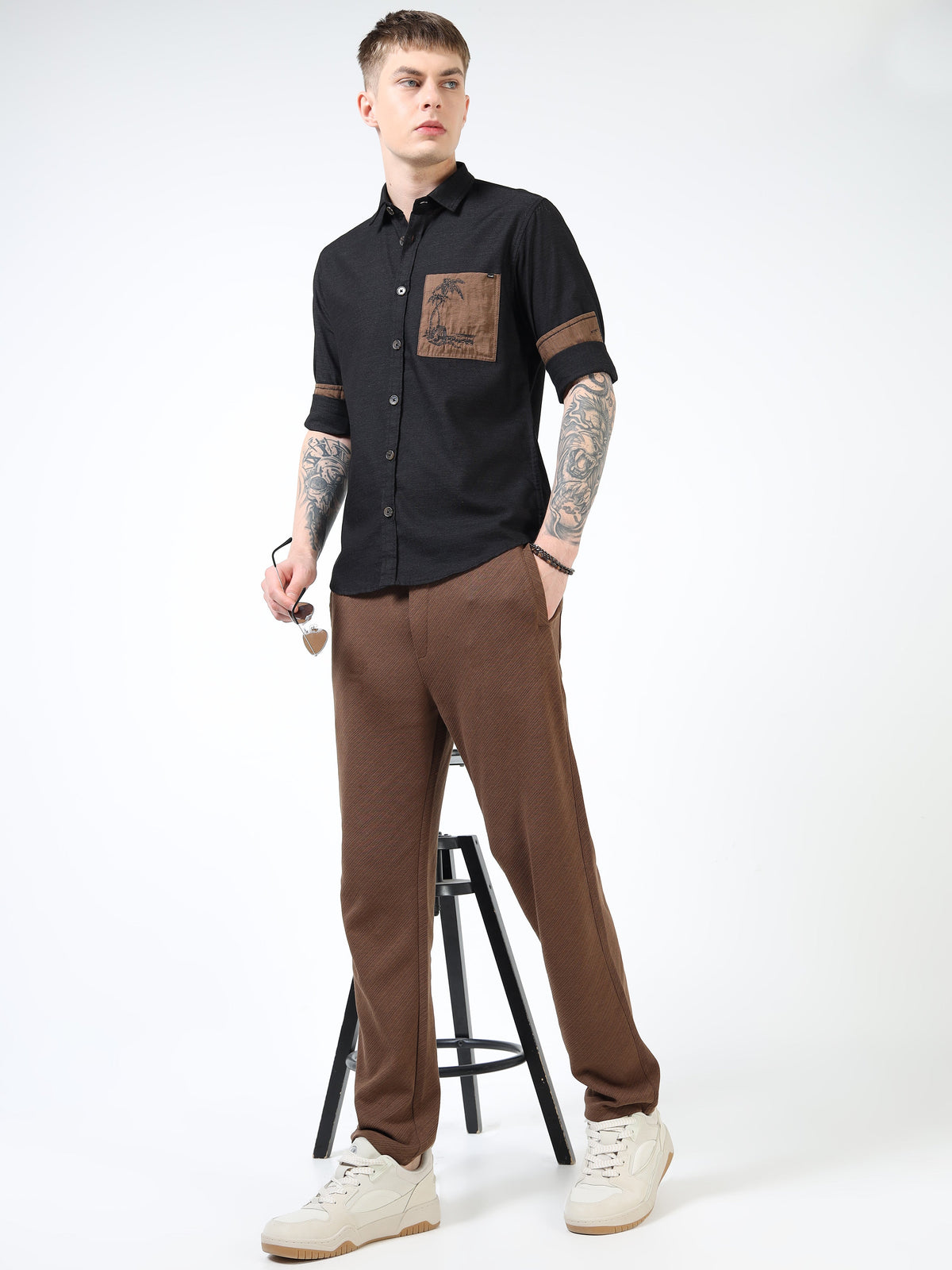 Men’s Black Cotton Casual Shirt with Contrast Brown Embroidered Pocket
