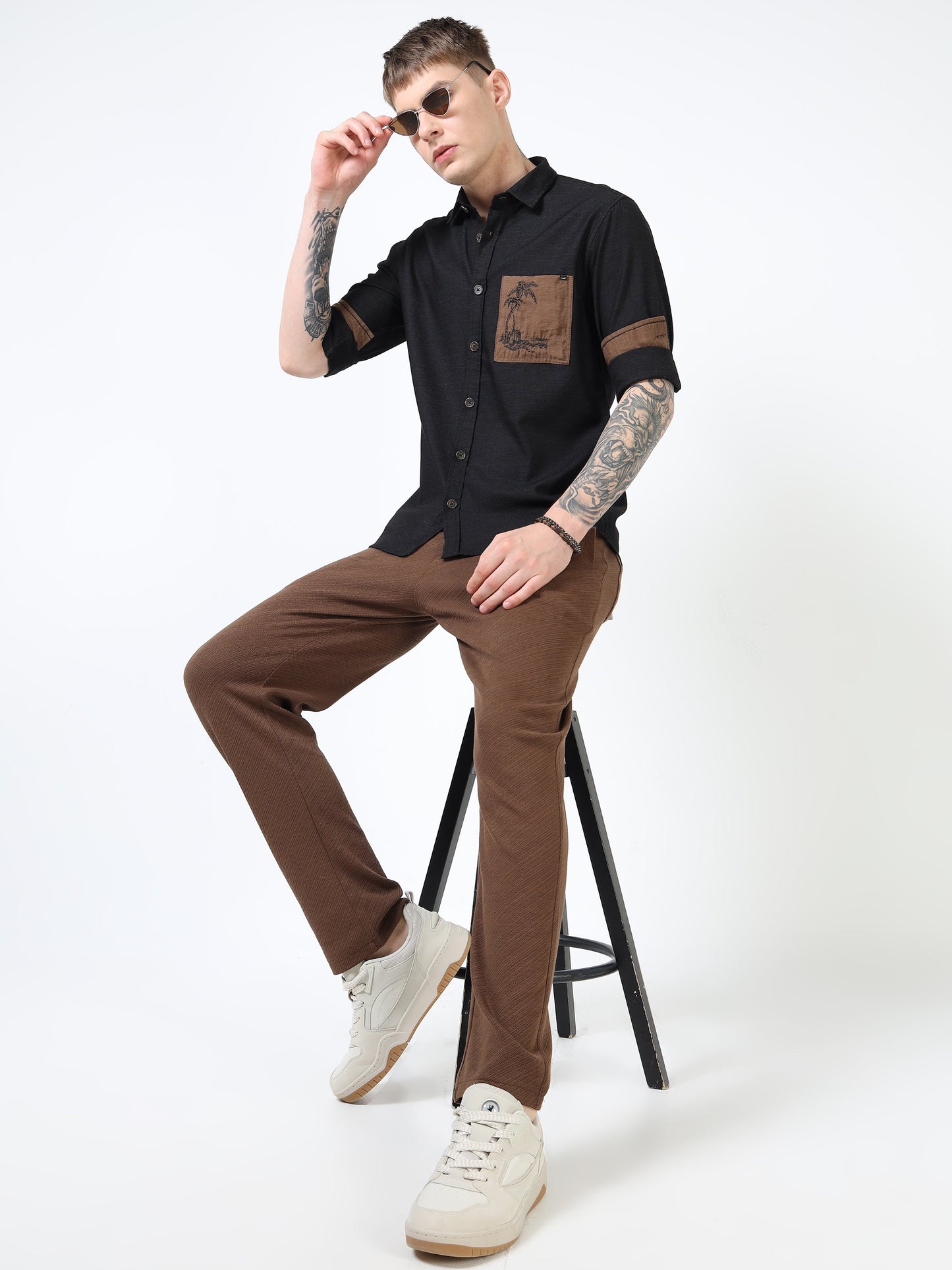 Men’s Black Cotton Casual Shirt with Contrast Brown Embroidered Pocket