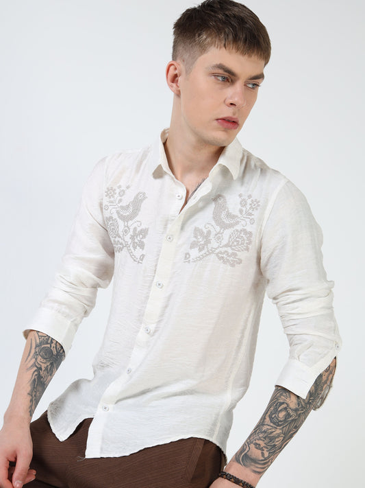Men’s White Textured Cotton Casual Shirt with Bird Embroidery Detailing