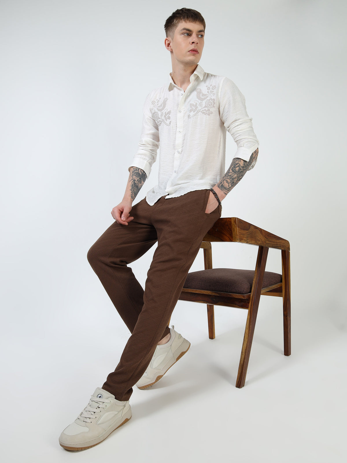 Men’s White Textured Cotton Casual Shirt with Bird Embroidery Detailing