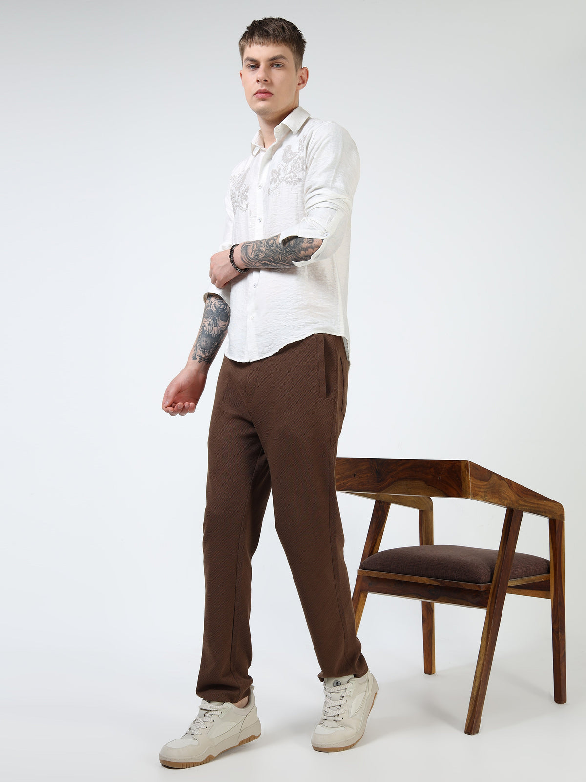 Men’s White Textured Cotton Casual Shirt with Bird Embroidery Detailing