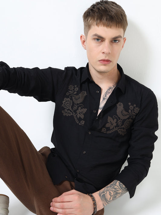 Men’s Black Textured Cotton Casual Shirt with Bird Embroidery Detailing