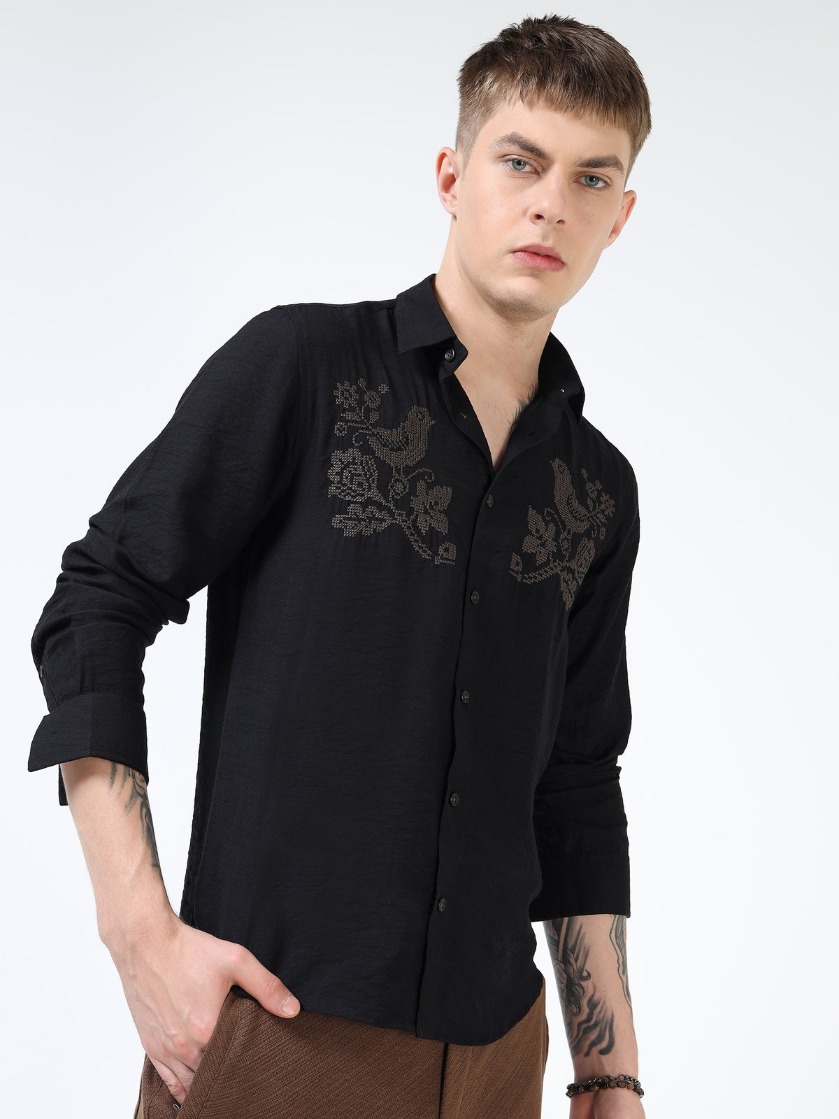 Men’s Black Textured Cotton Casual Shirt with Bird Embroidery Detailing