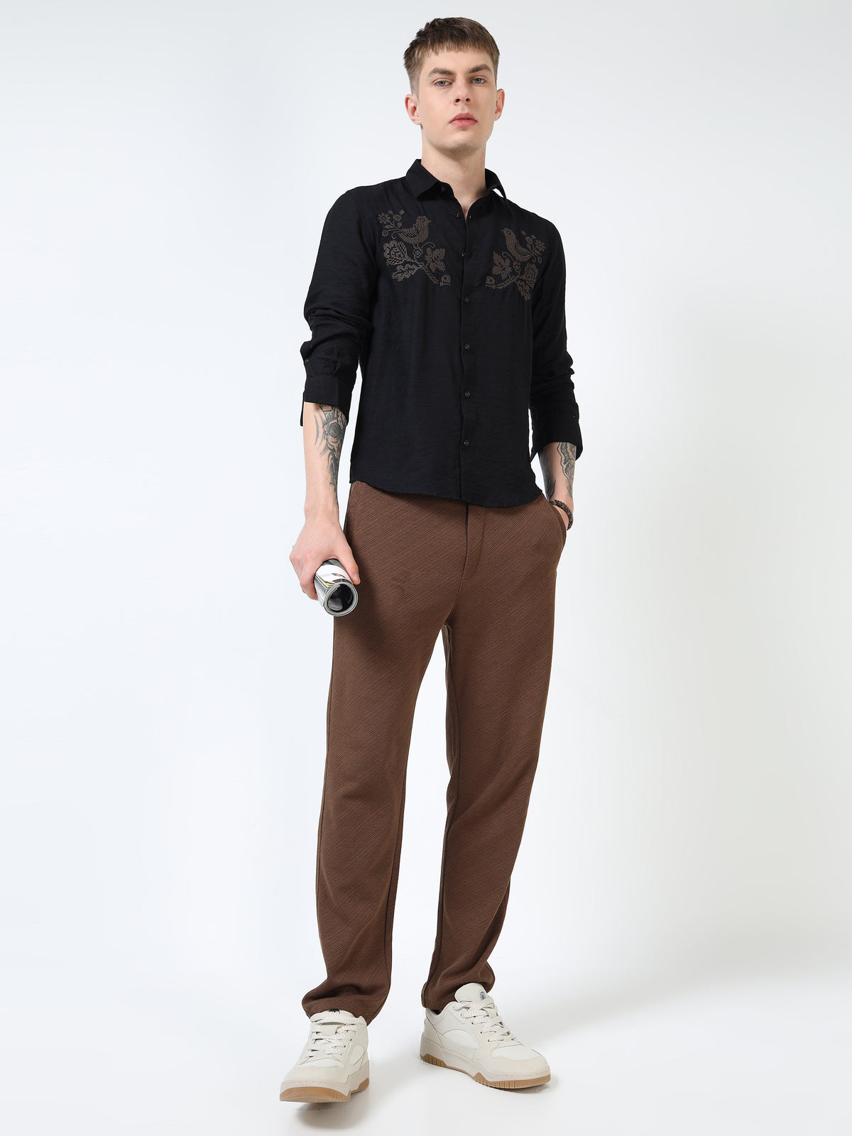 Men’s Black Textured Cotton Casual Shirt with Bird Embroidery Detailing