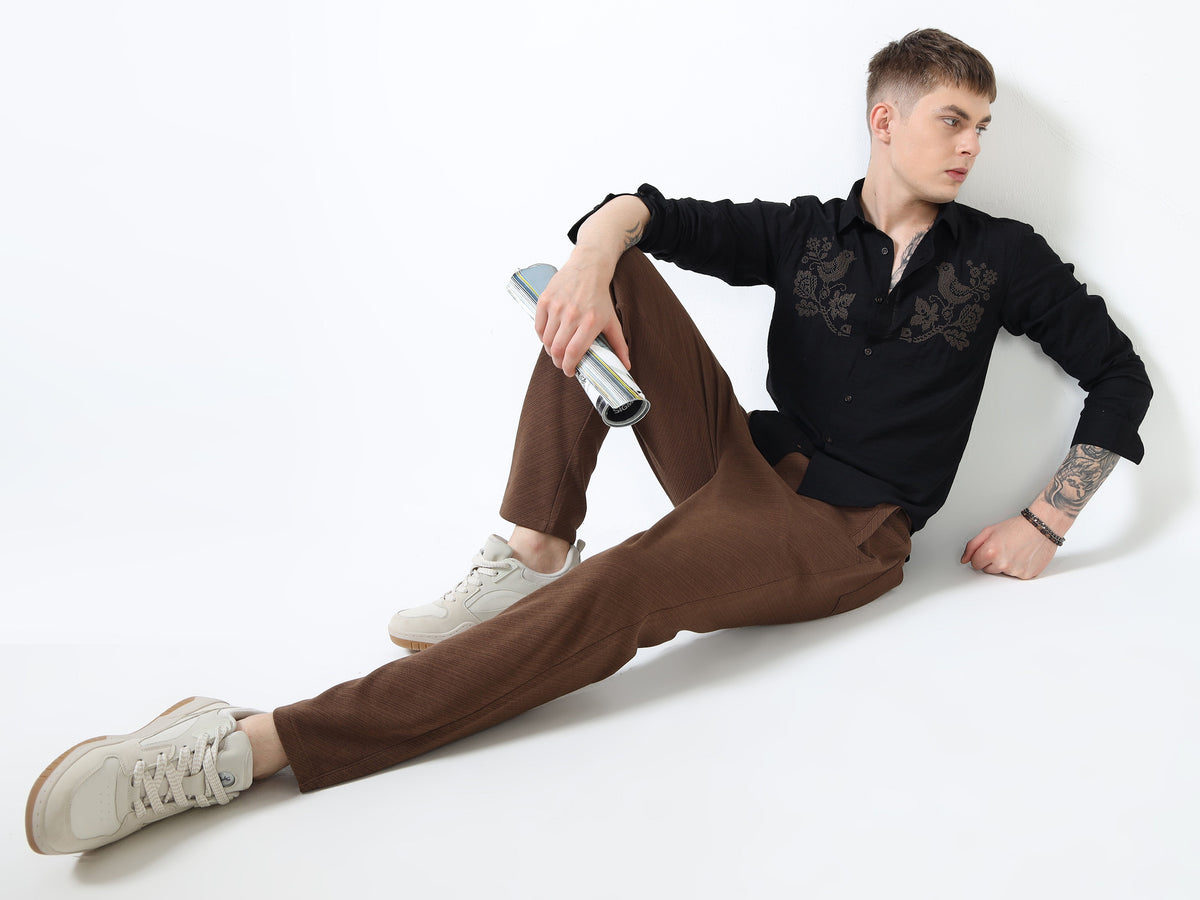 Men’s Black Textured Cotton Casual Shirt with Bird Embroidery Detailing