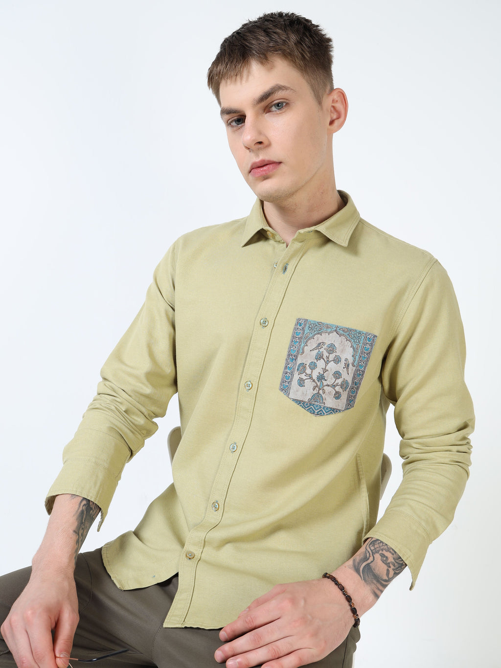Men’s Light Olive Cotton Casual Shirt with Blue Contrast Prinetd Pocket