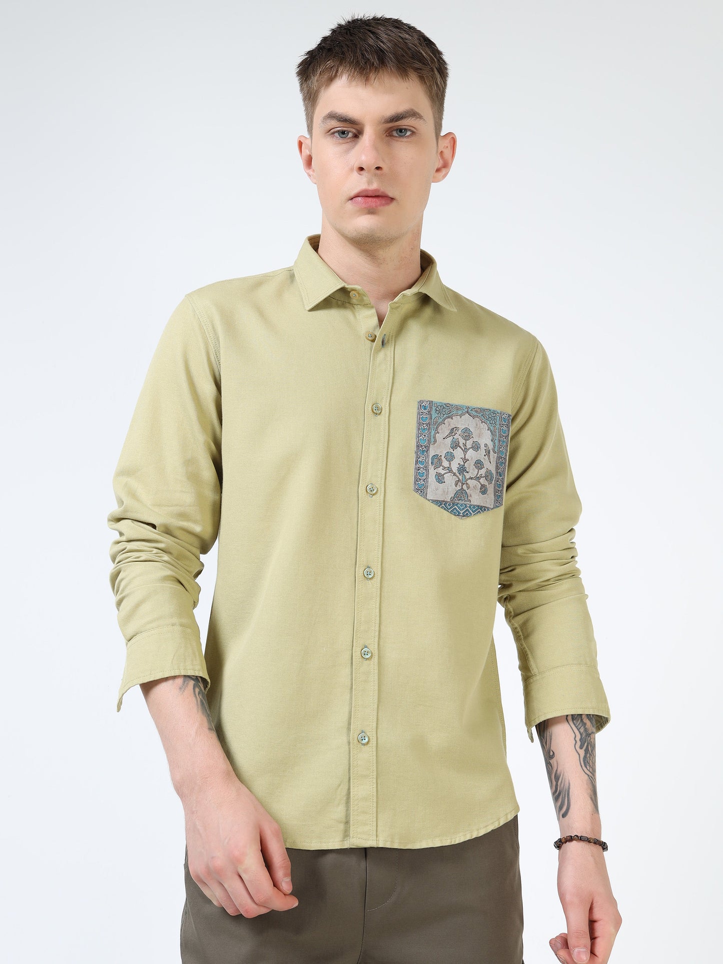 Men’s Light Olive Cotton Casual Shirt with Blue Contrast Prinetd Pocket
