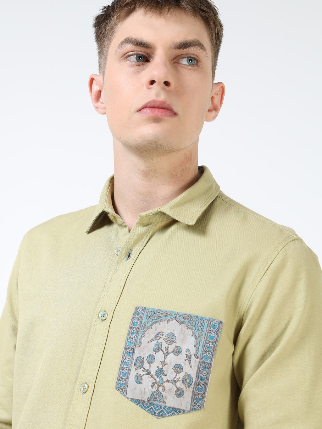 Men’s Light Olive Cotton Casual Shirt with Blue Contrast Prinetd Pocket