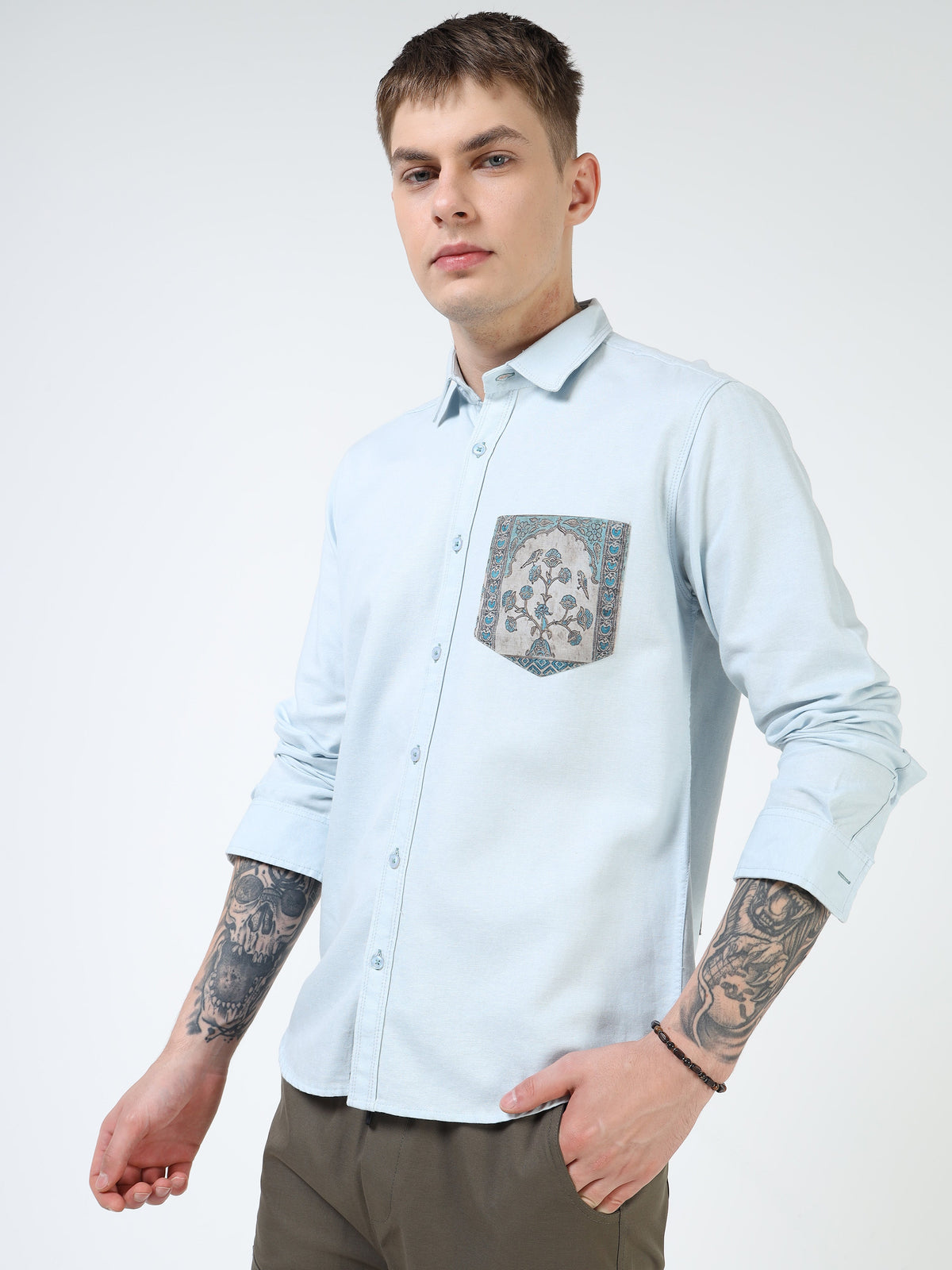 Men’s Light Blue Cotton Casual Shirt with Contrast Printed Pocket
