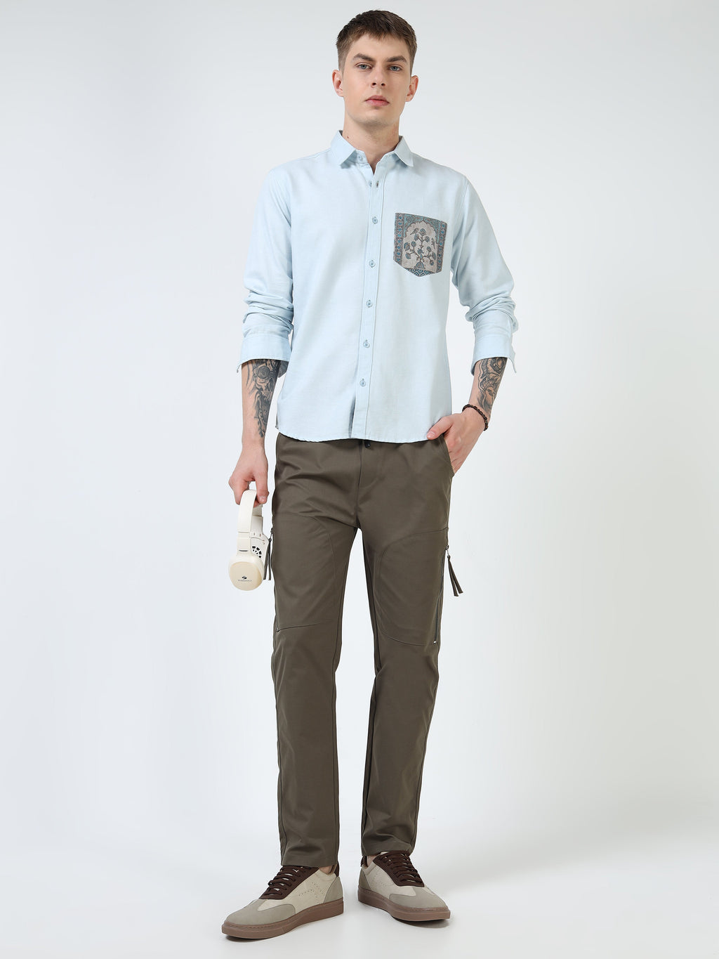 Men’s Light Blue Cotton Casual Shirt with Contrast Printed Pocket