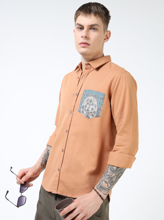Men’s Rust Orange Cotton Casual Shirt with Contrast Printed Pocket