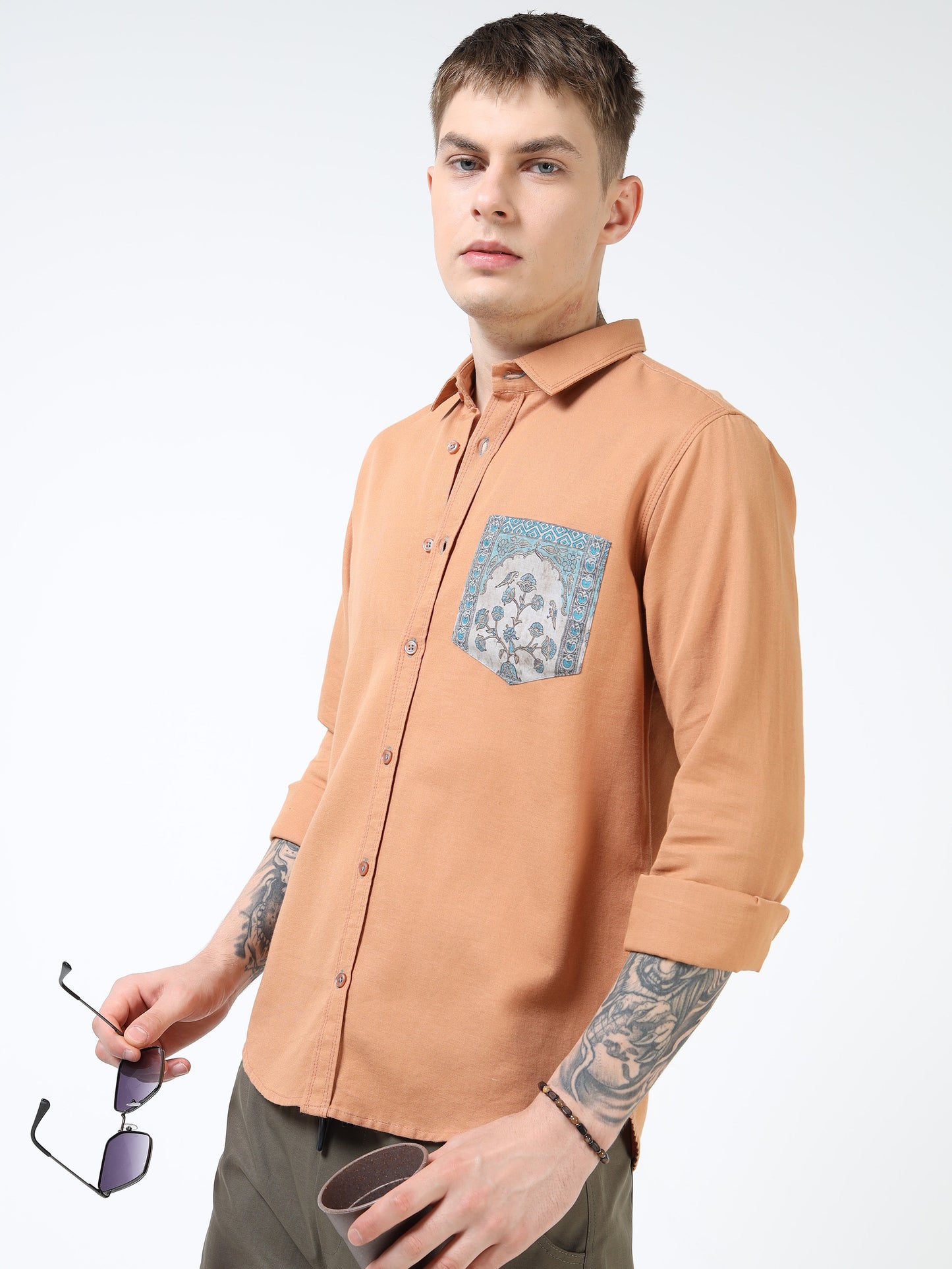 Men’s Rust Orange Cotton Casual Shirt with Contrast Printed Pocket