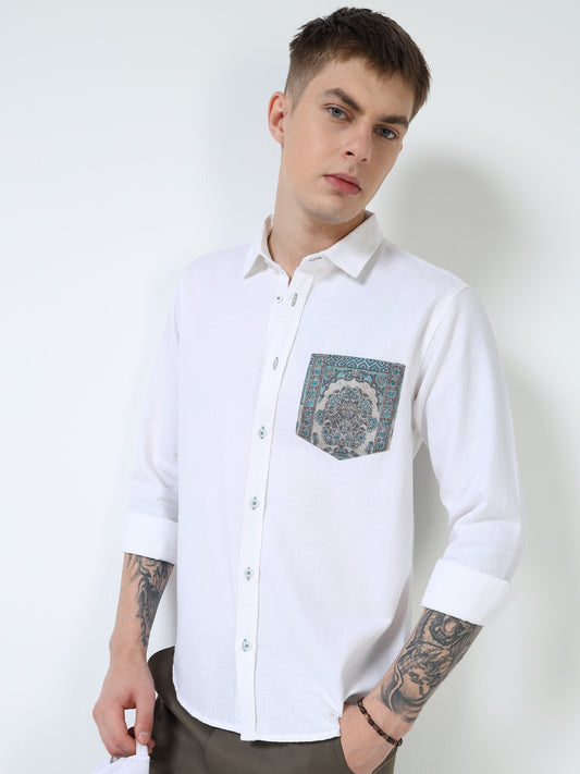 Men’s White Cotton Casual Shirt with Contrast Printed Pocket