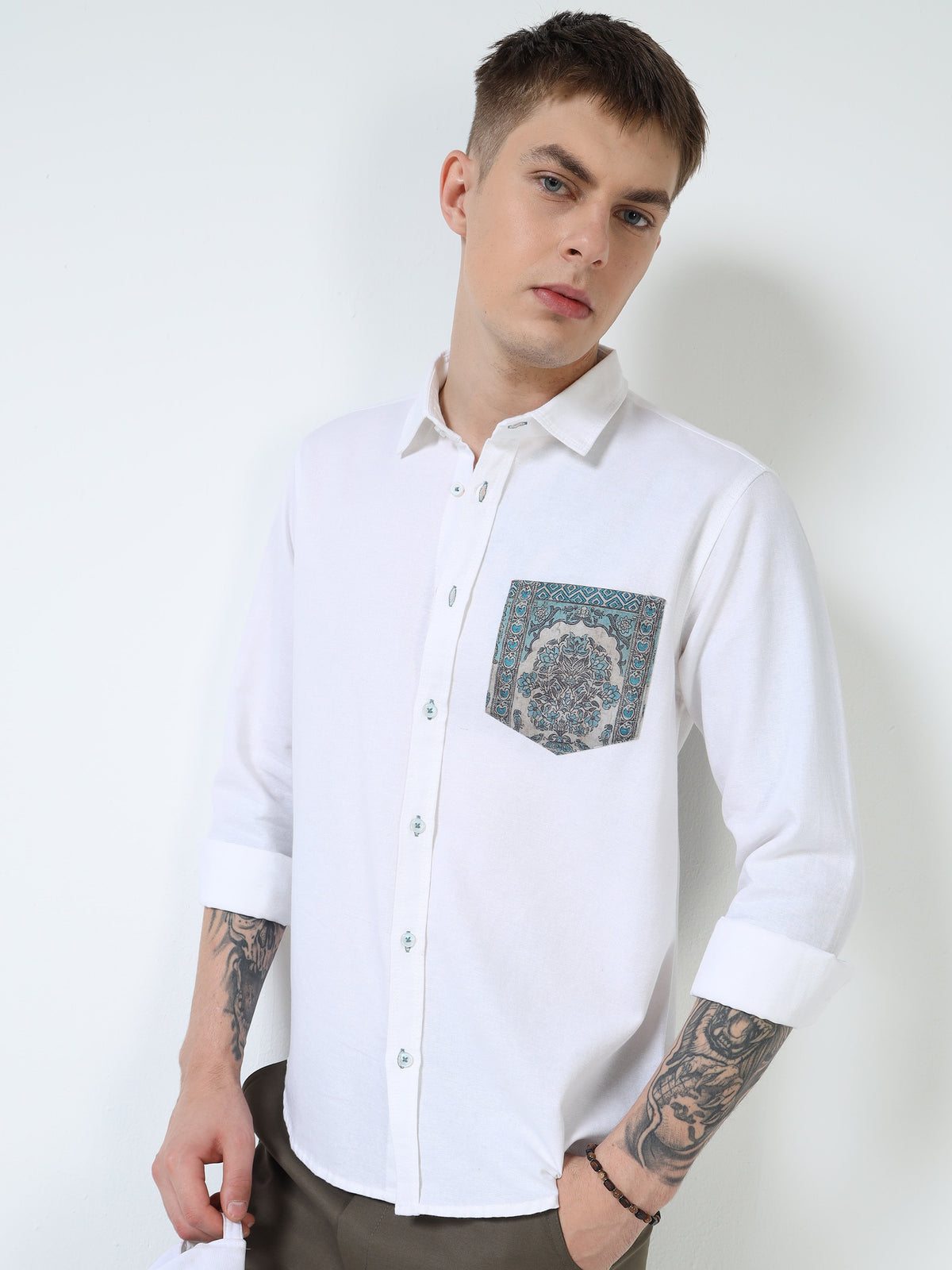 Men’s White Cotton Casual Shirt with Contrast Printed Pocket