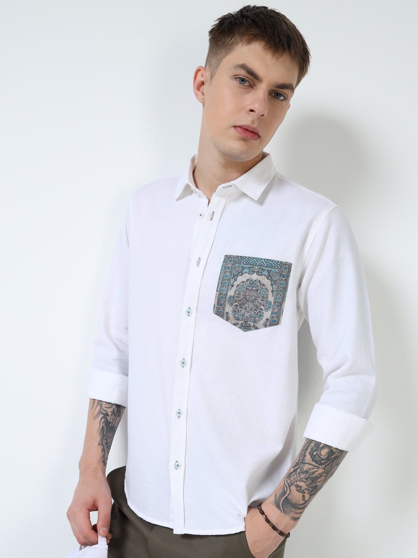Men’s White Cotton Casual Shirt with Contrast Printed Pocket