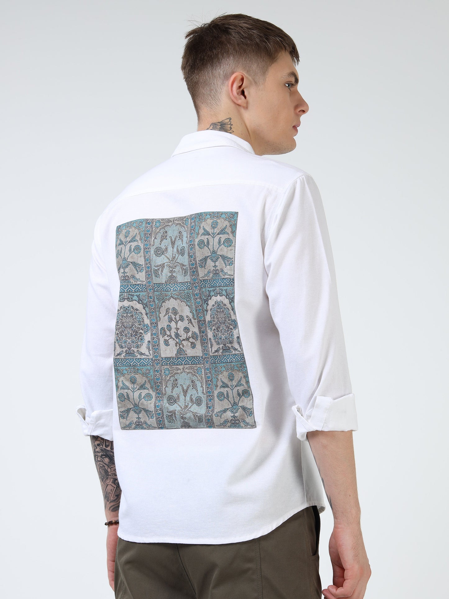 Men’s White Cotton Casual Shirt with Contrast Printed Pocket