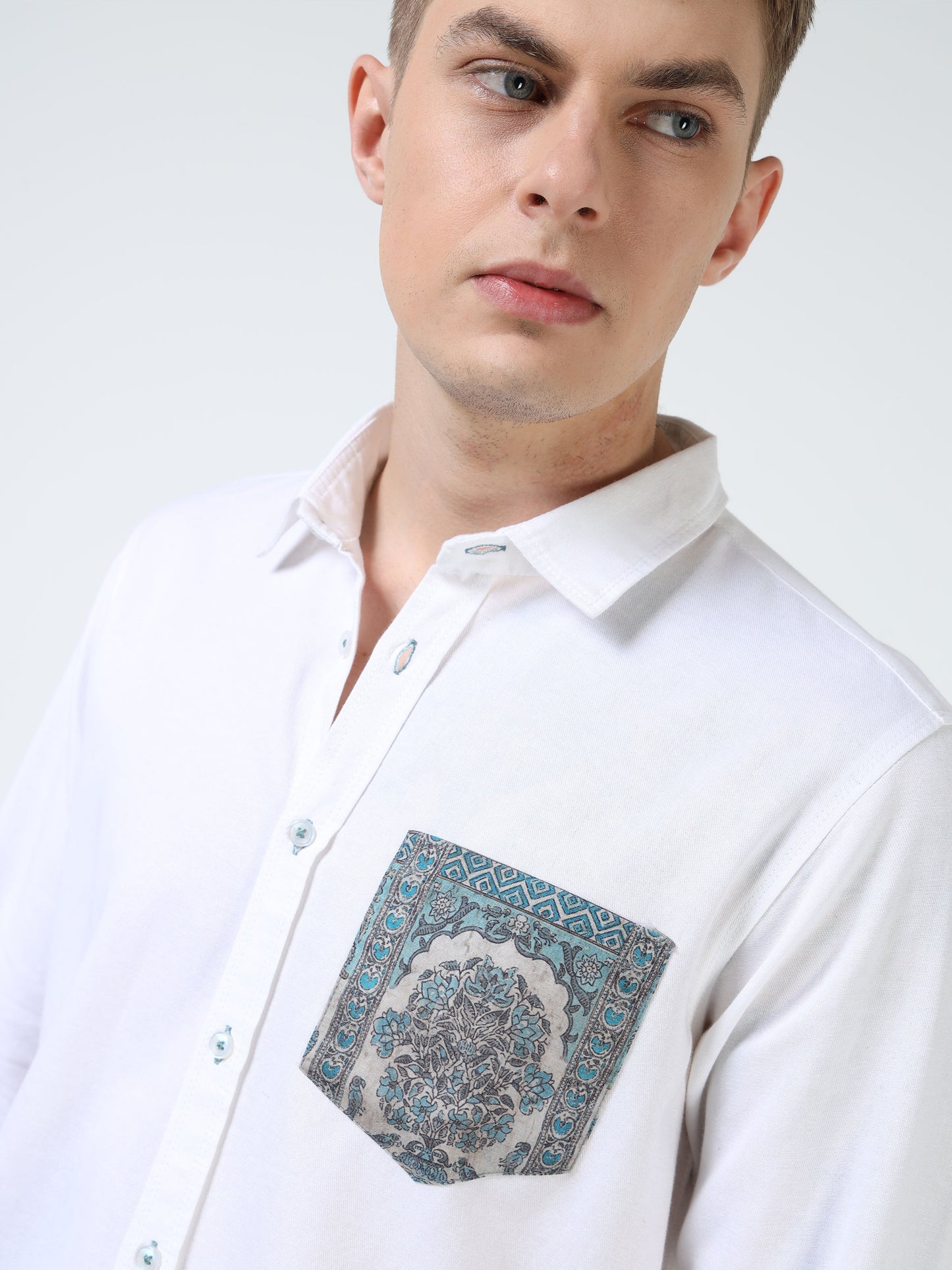 Men’s White Cotton Casual Shirt with Contrast Printed Pocket