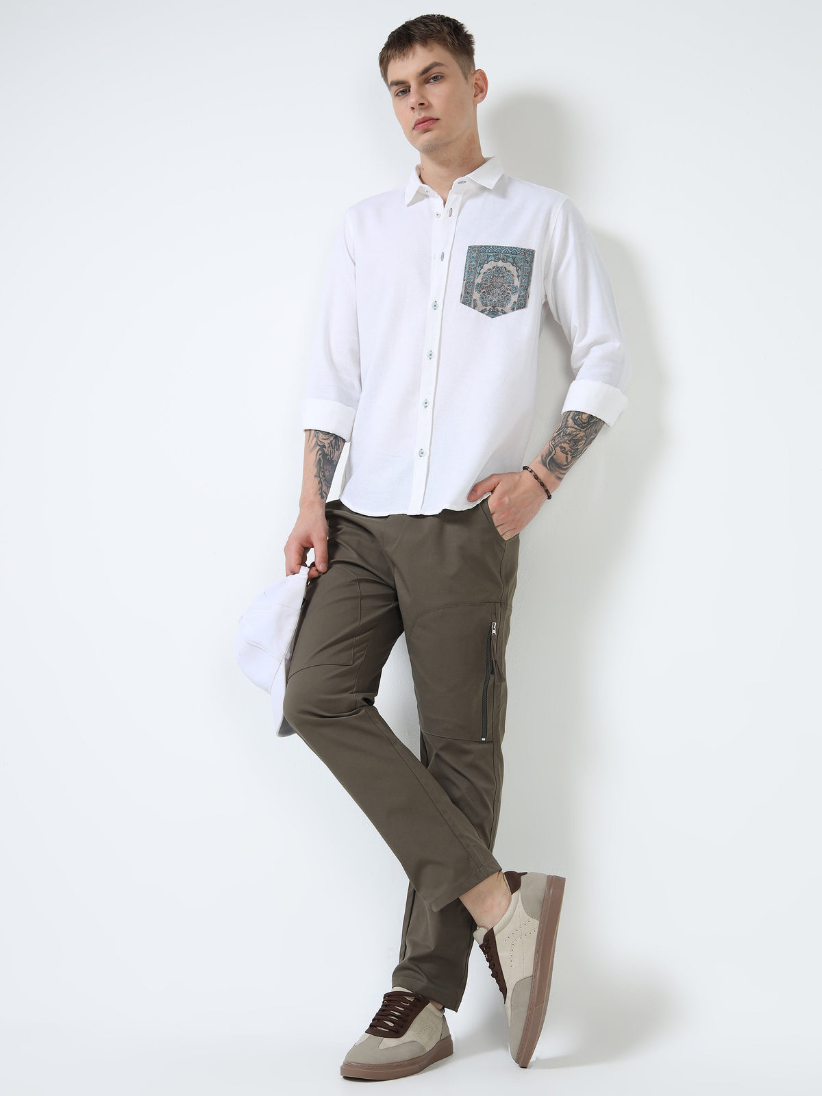 Men’s White Cotton Casual Shirt with Contrast Printed Pocket