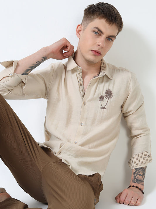 Men’s Beige Textured Cotton Casual Shirt with Palm Tree Embroidery