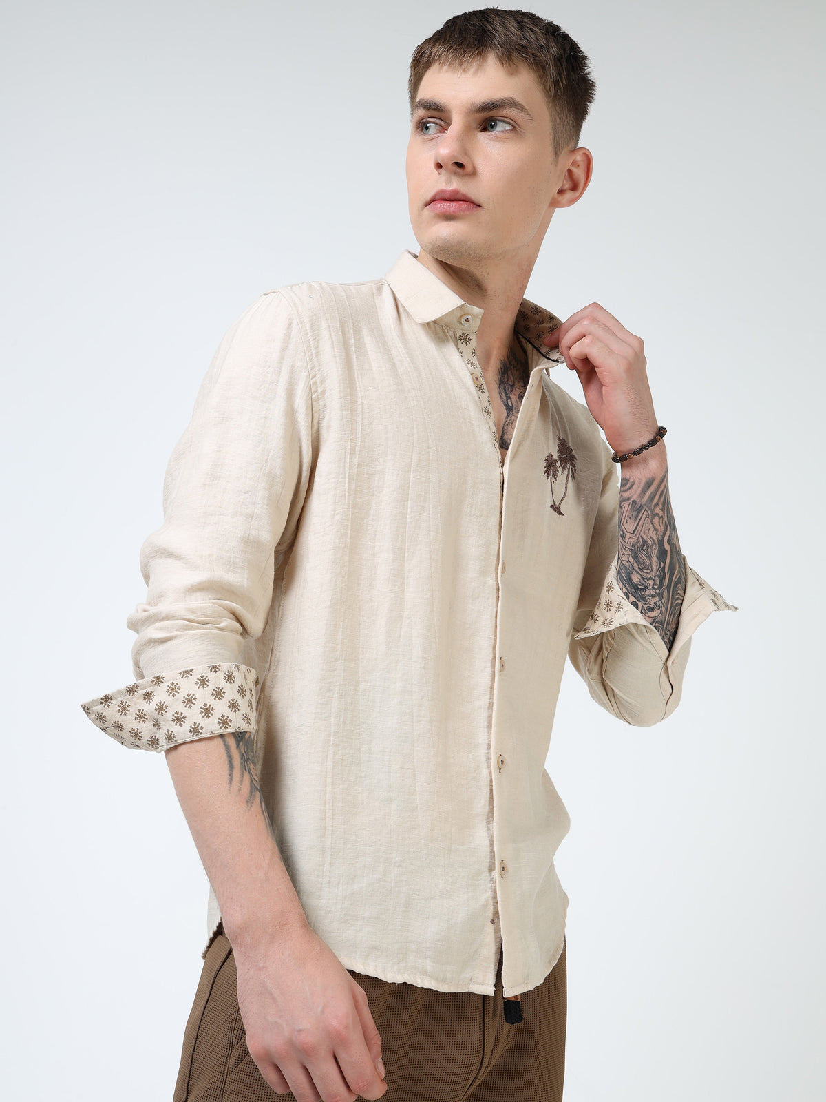 Men’s Beige Textured Cotton Casual Shirt with Palm Tree Embroidery
