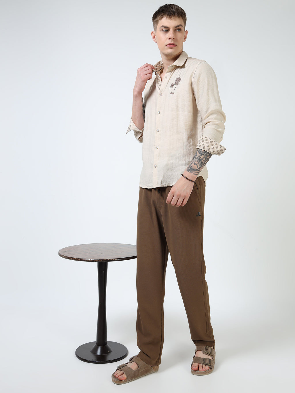 Men’s Beige Textured Cotton Casual Shirt with Palm Tree Embroidery