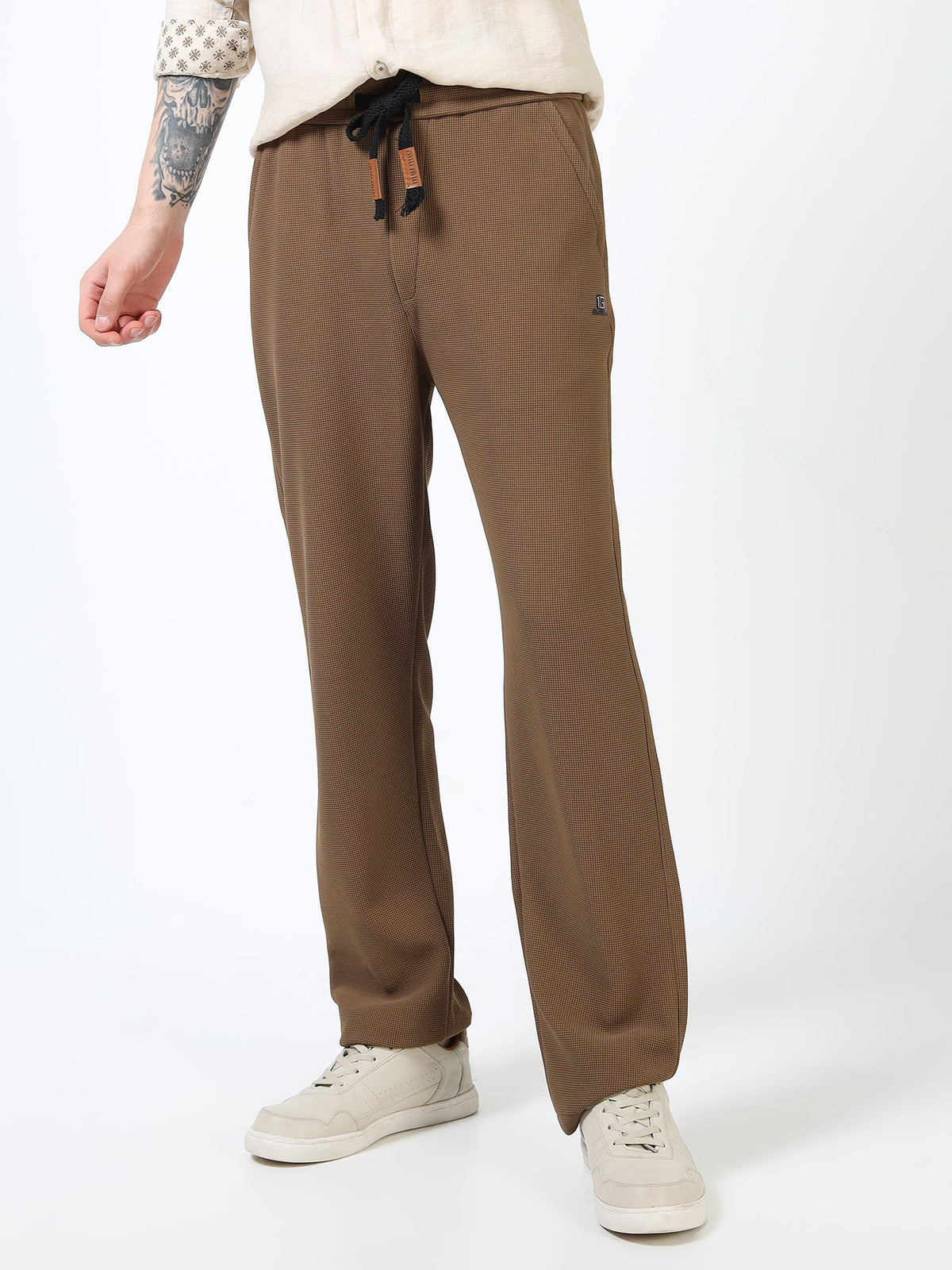 Men’s Coffee Brown Textured Slim Fit Joggers with Adjustable Drawstring & Utility Pockets