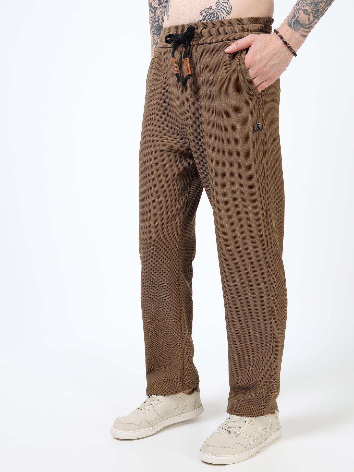 Men’s Coffee Brown Textured Slim Fit Joggers with Adjustable Drawstring & Utility Pockets