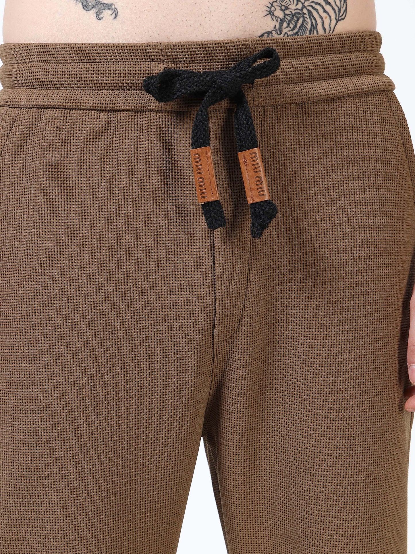 Men’s Coffee Brown Textured Slim Fit Joggers with Adjustable Drawstring & Utility Pockets