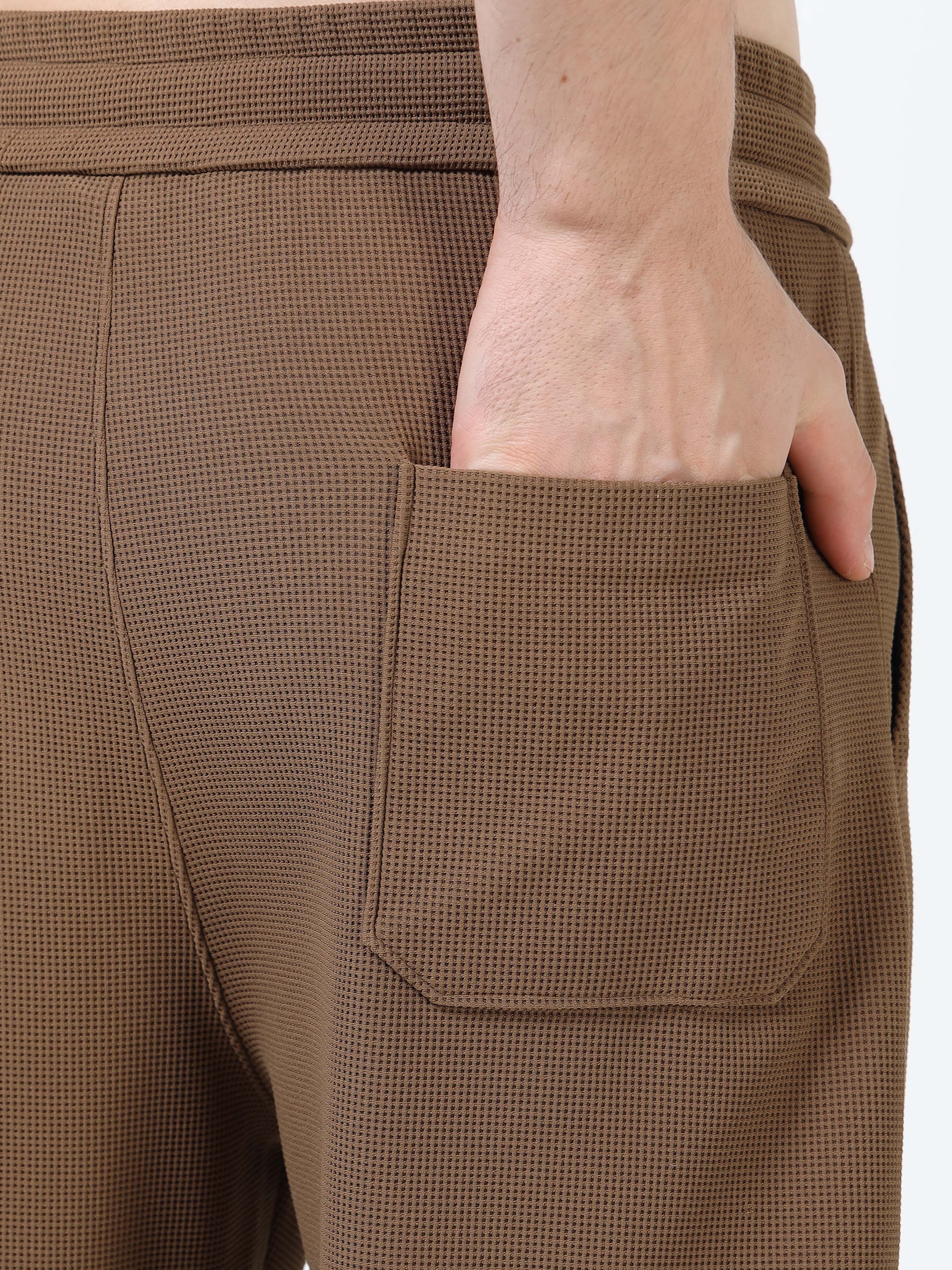 Men’s Coffee Brown Textured Slim Fit Joggers with Adjustable Drawstring & Utility Pockets