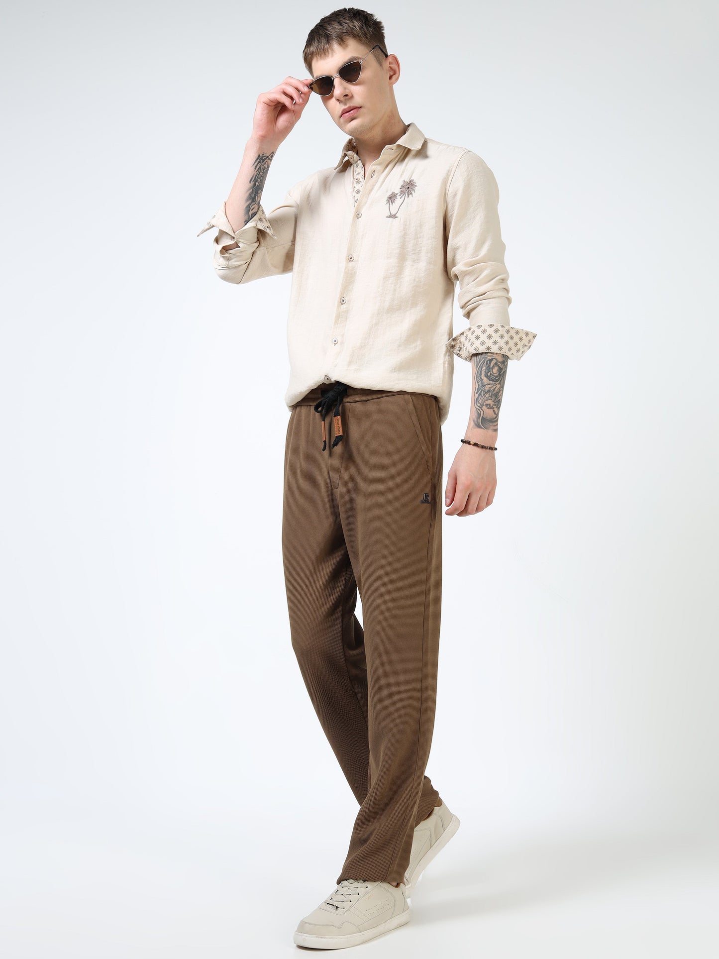 Men’s Coffee Brown Textured Slim Fit Joggers with Adjustable Drawstring & Utility Pockets