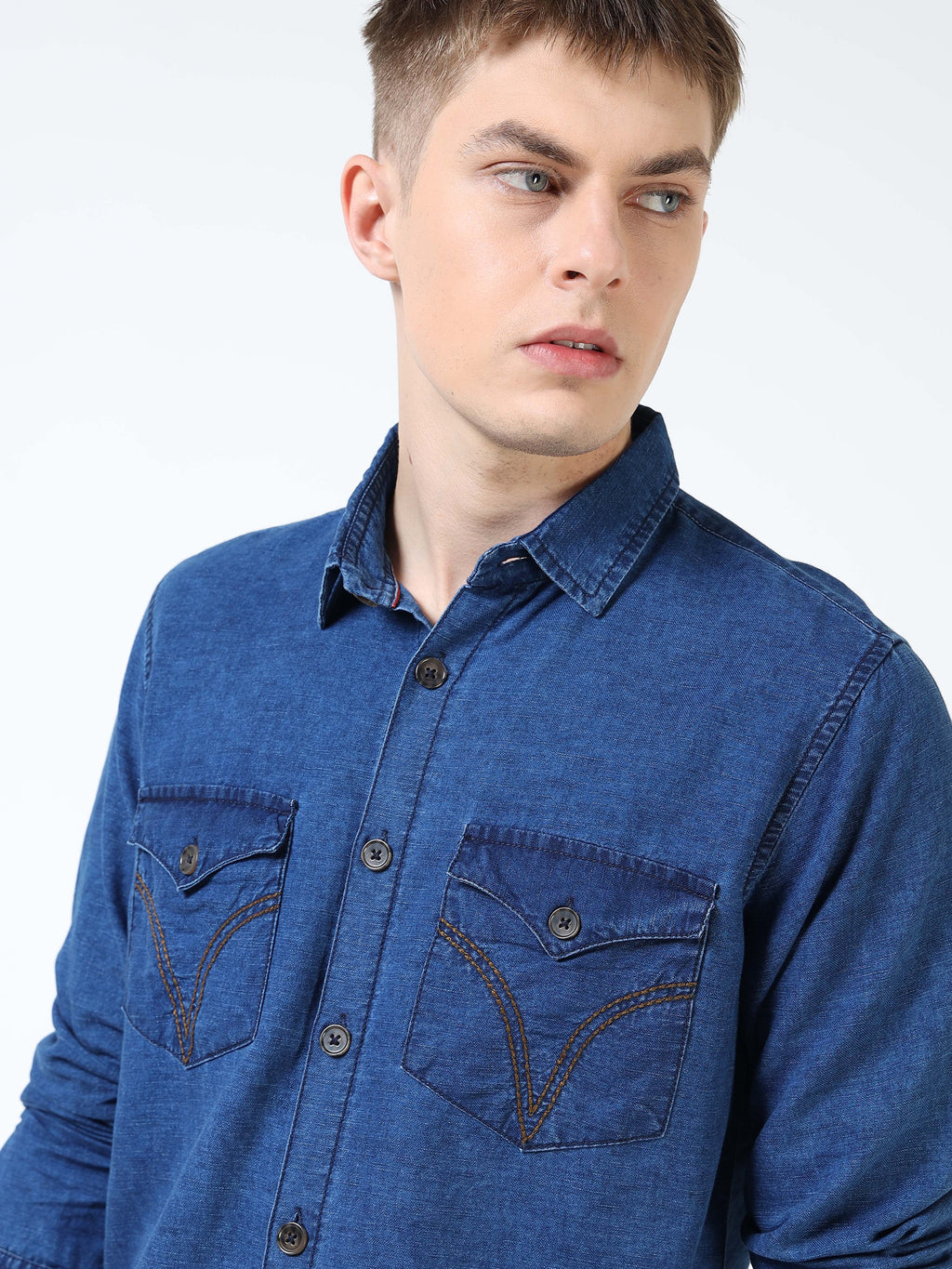 Men’s Indigo Blue Denim Cotton Utility Shirt with Dual Flap Pockets