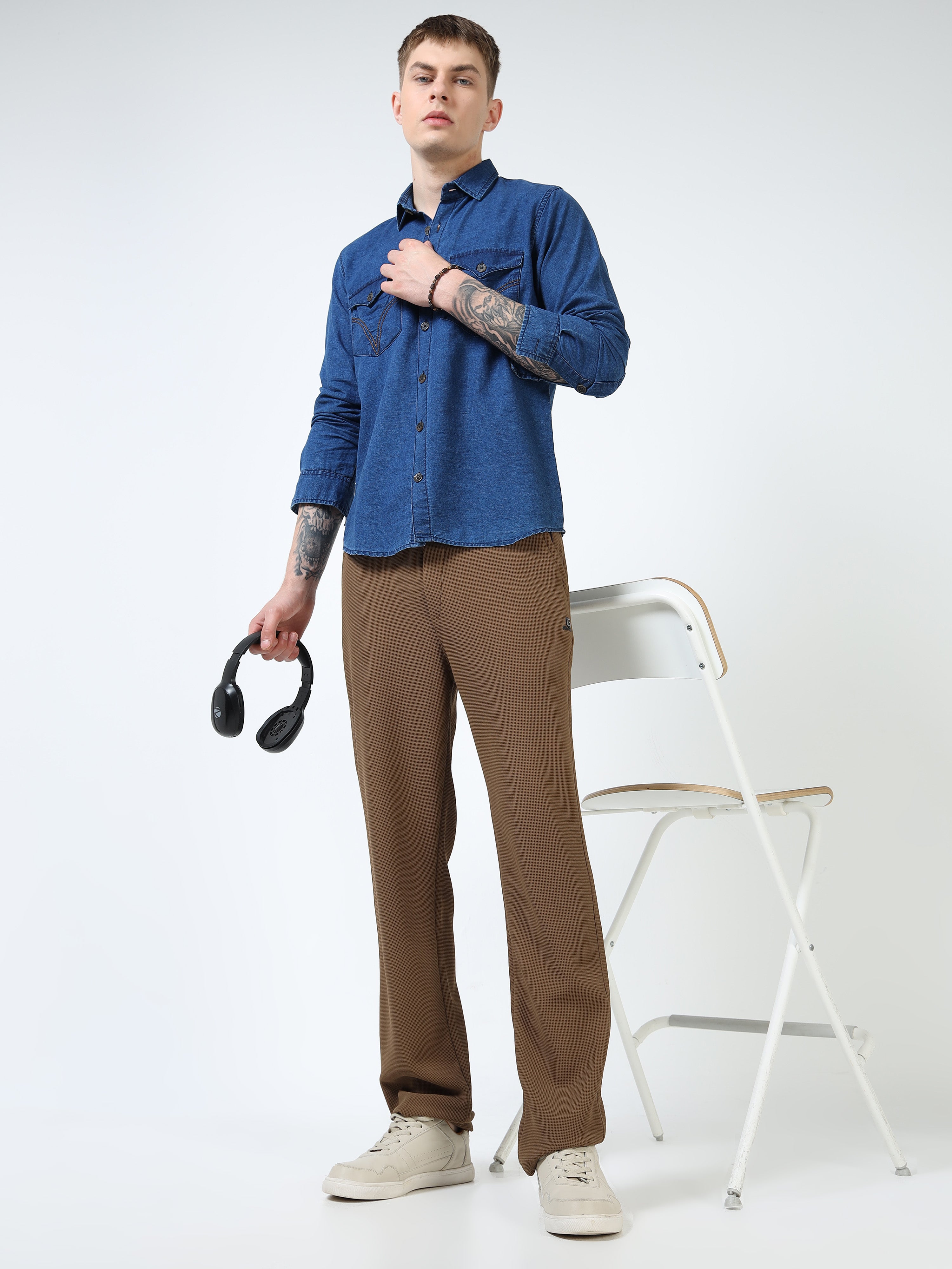 Men’s Indigo Blue Denim Cotton Utility Shirt with Dual Flap Pockets