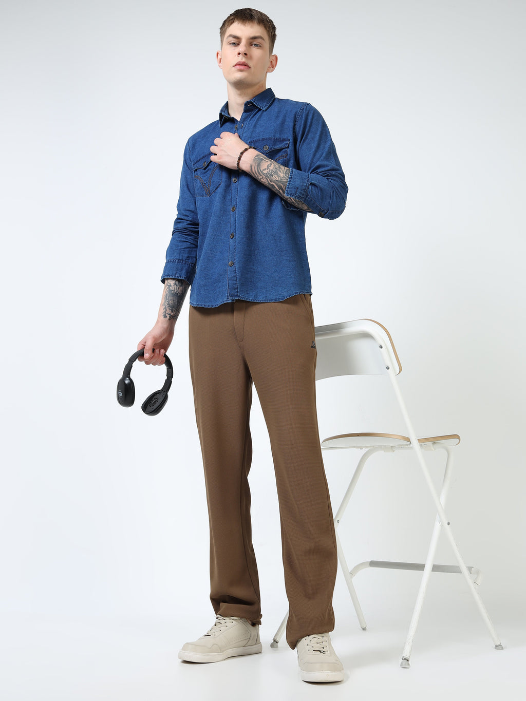 Men’s Indigo Blue Denim Cotton Utility Shirt with Dual Flap Pockets