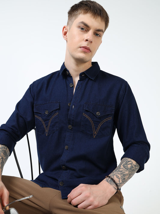 Men’s Dark Indigo Blue Denim Cotton Utility Shirt with Dual Flap Pockets