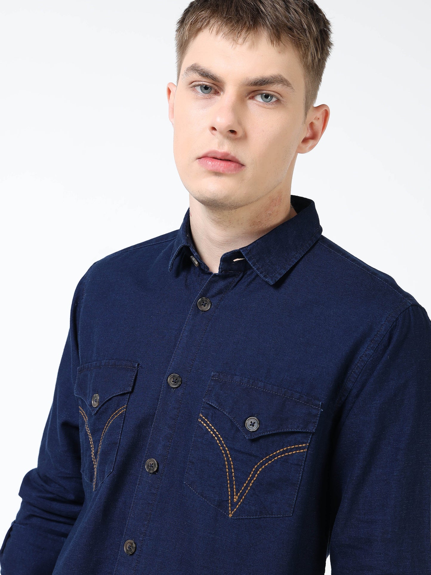 Men’s Dark Indigo Blue Denim Cotton Utility Shirt with Dual Flap Pockets