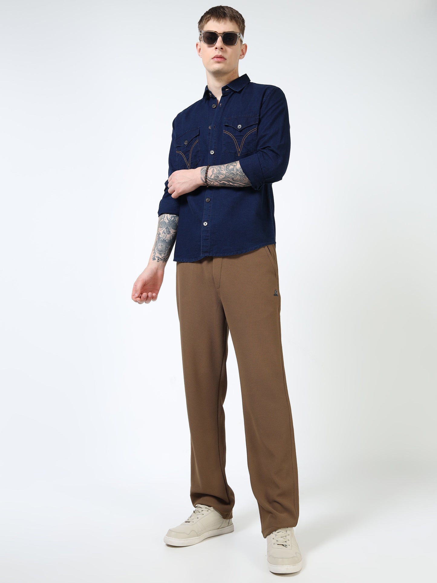 Men’s Dark Indigo Blue Denim Cotton Utility Shirt with Dual Flap Pockets