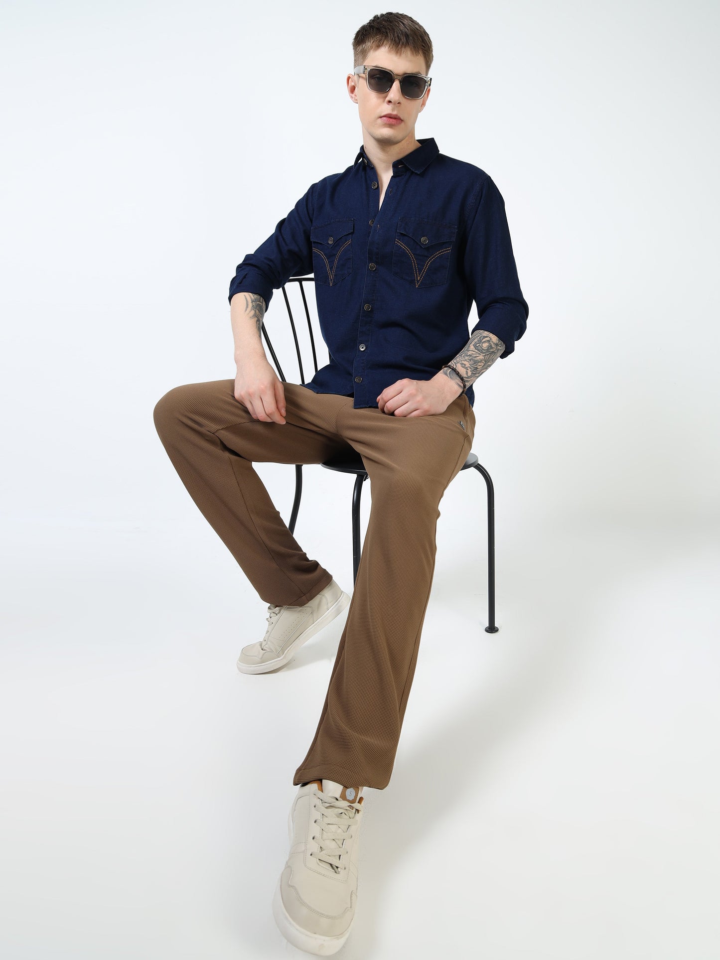 Men’s Dark Indigo Blue Denim Cotton Utility Shirt with Dual Flap Pockets