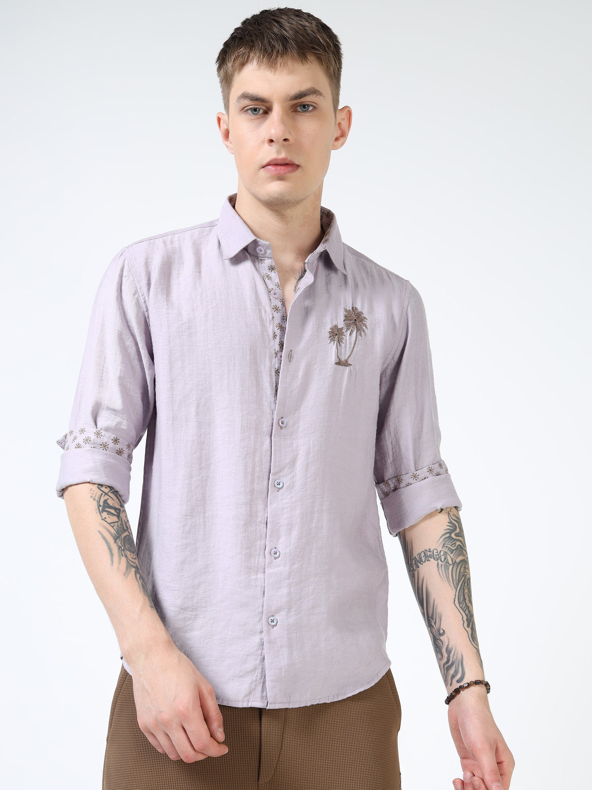 Men’s Lavender Textured Cotton Casual Shirt with Palm Tree Embroidery