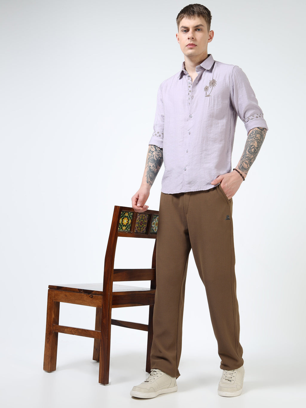 Men’s Lavender Textured Cotton Casual Shirt with Palm Tree Embroidery