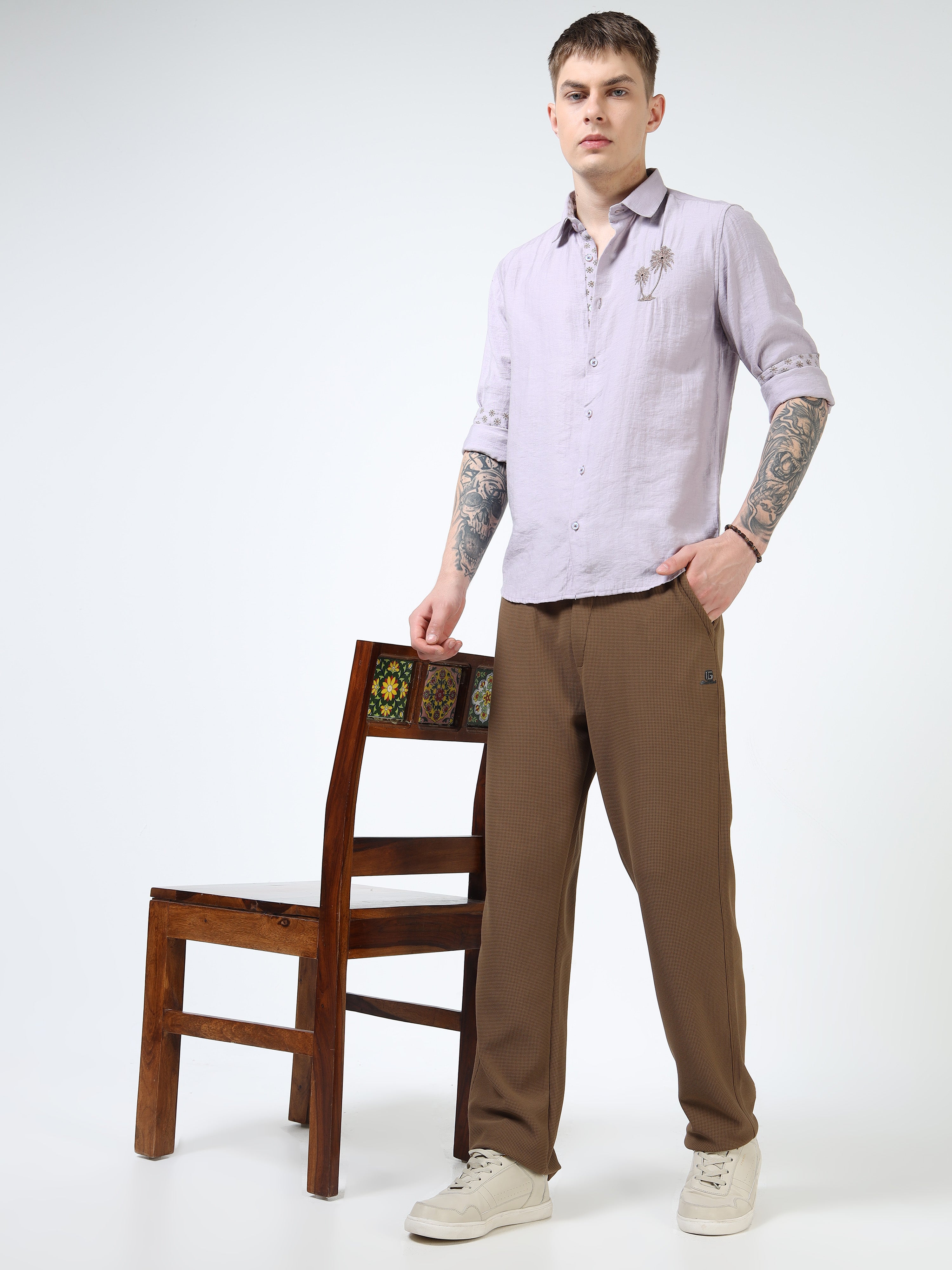 Men’s Lavender Textured Cotton Casual Shirt with Palm Tree Embroidery