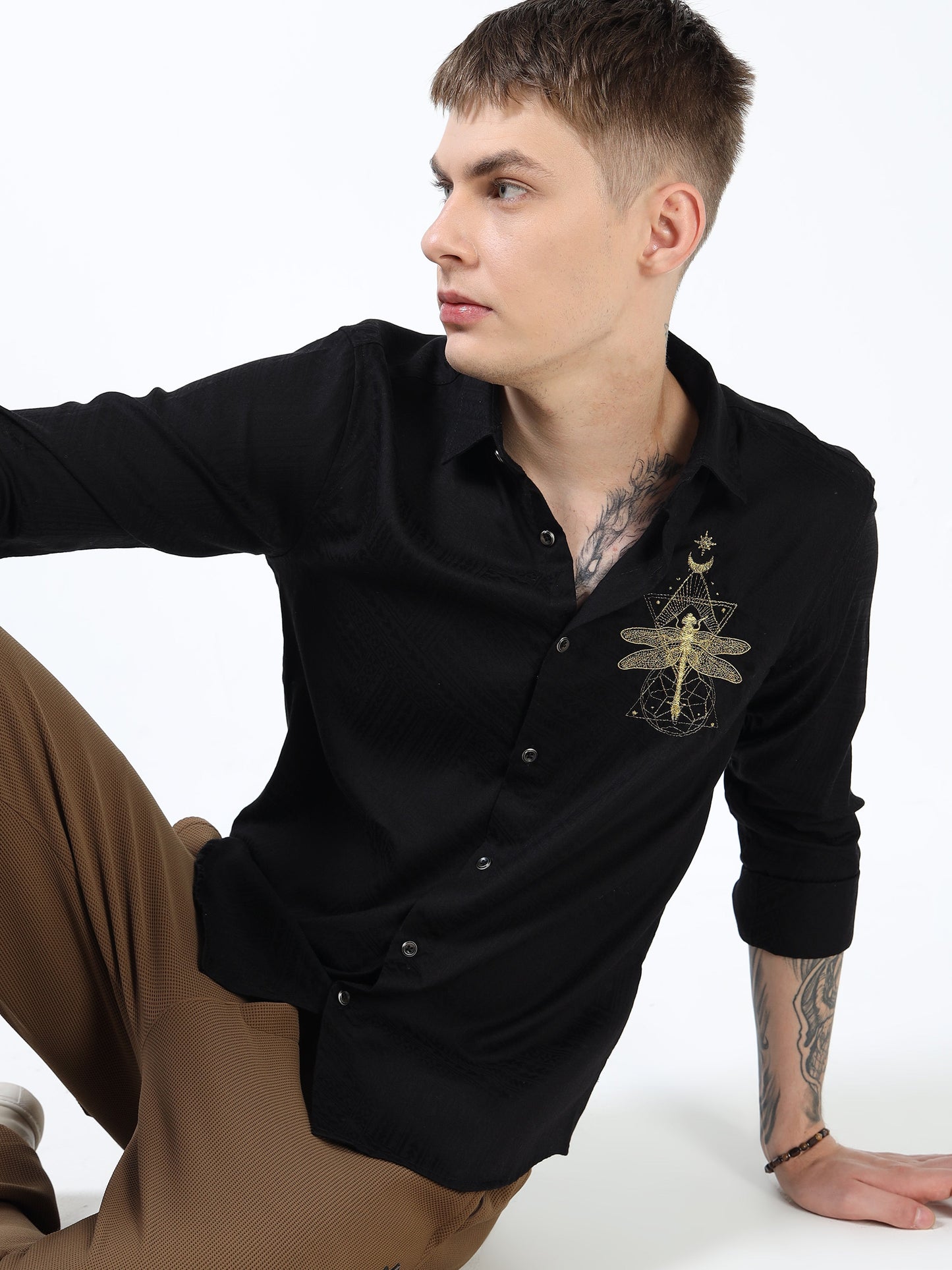 Men’s Black Textured Cotton Casual Shirt with Golden Dragonfly Embroidery
