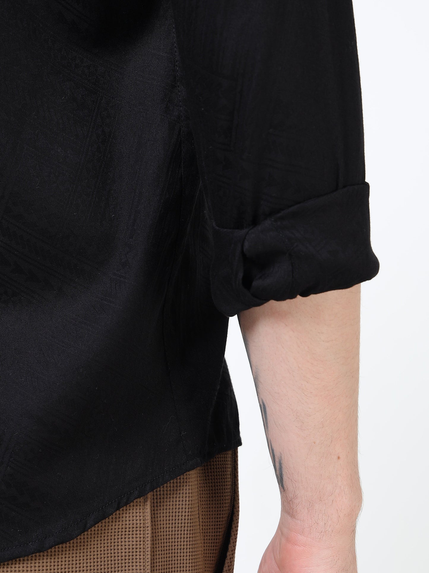 Men’s Black Textured Cotton Casual Shirt with Golden Dragonfly Embroidery