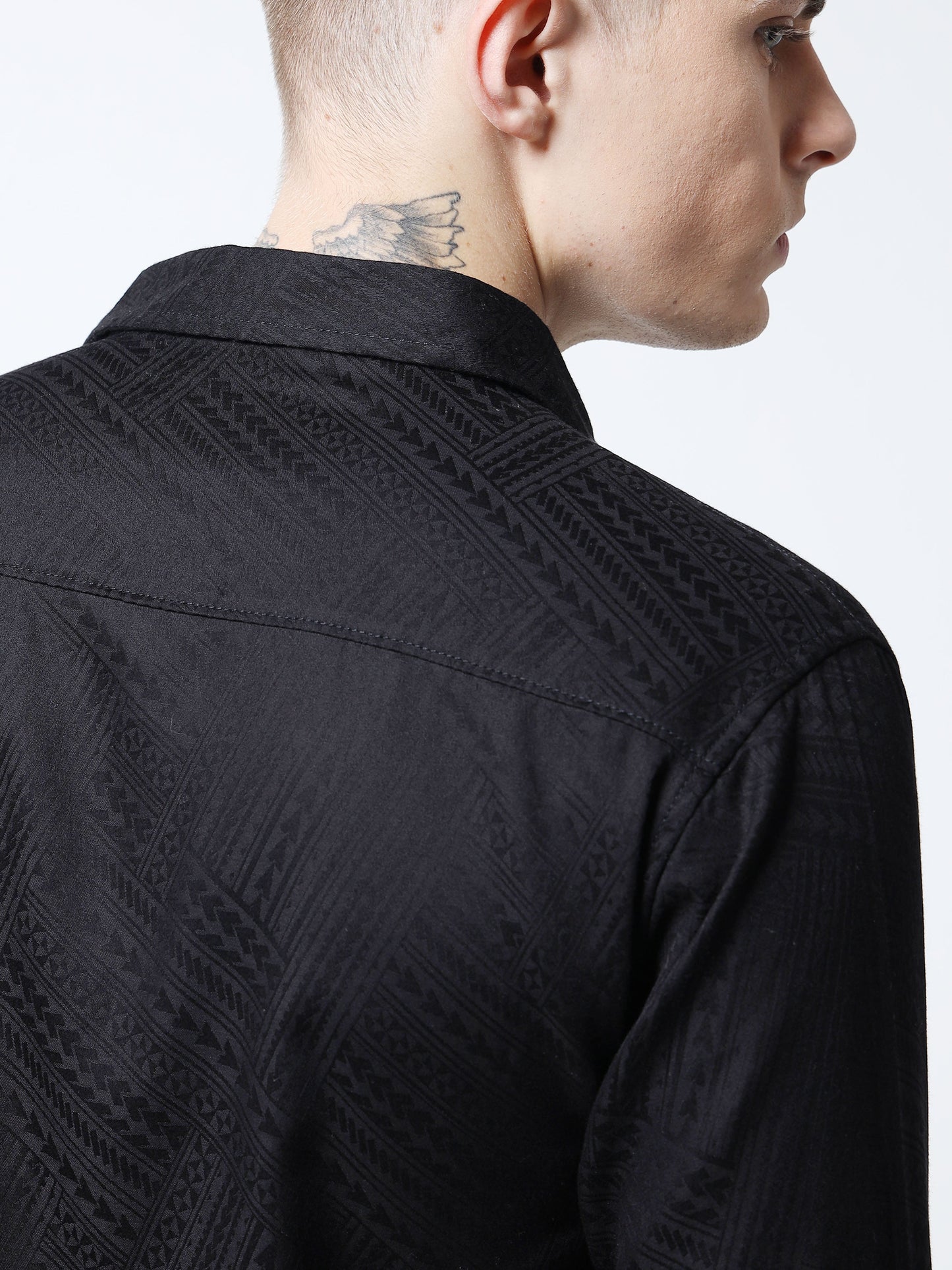 Men’s Black Textured Cotton Casual Shirt with Golden Dragonfly Embroidery